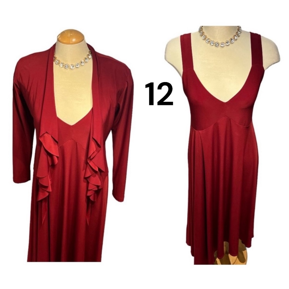 SYMPLI 🇨🇦 Dress & Cardigan Size 12 Brick Red Low Cut Asymmetrical Hem